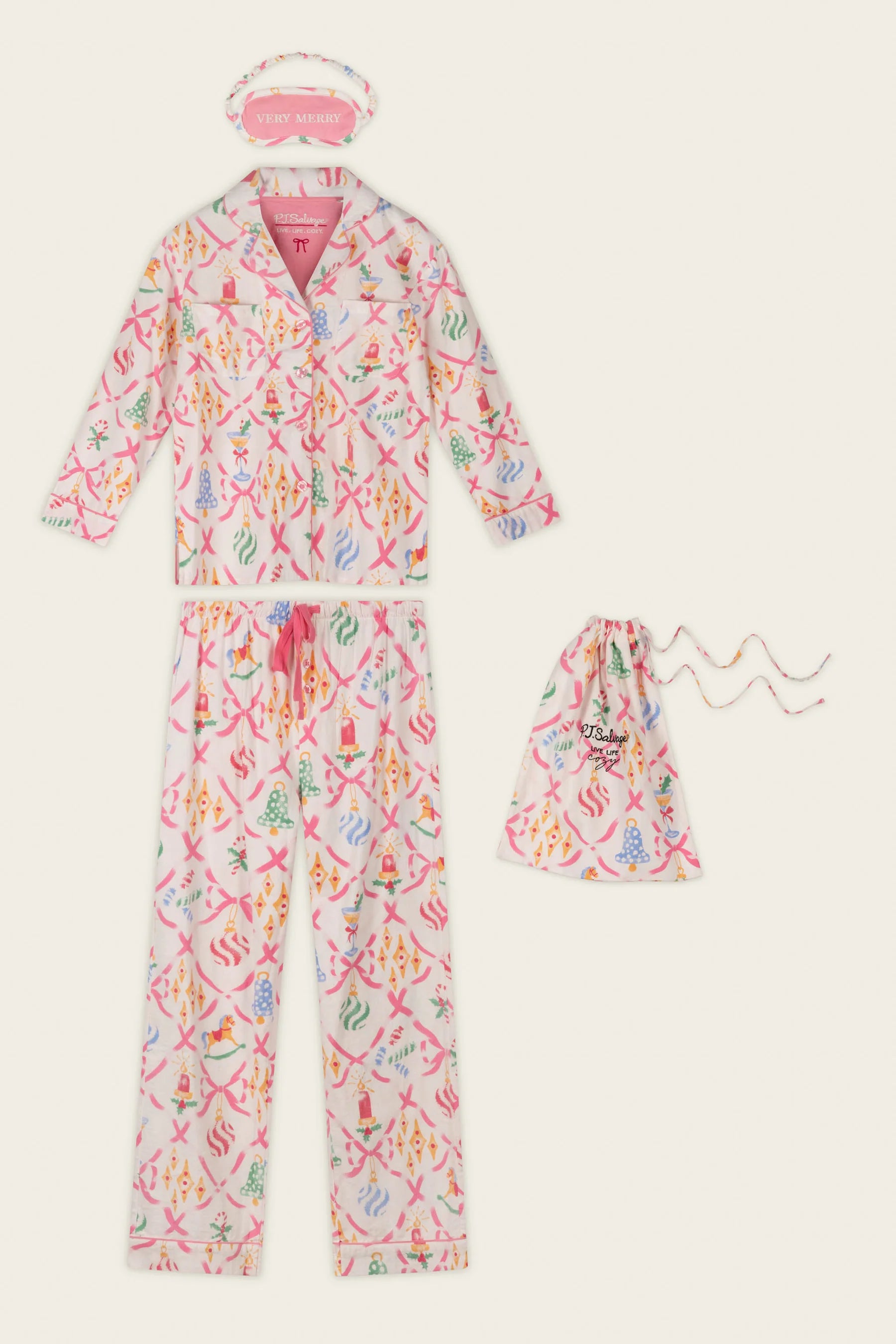 PJ Salvage Deck the Halls Ornament Print 4-Piece Flannel PJ Gift Set full set layout with bag and eye mask — Cloud Nine Pajamas Edmonton