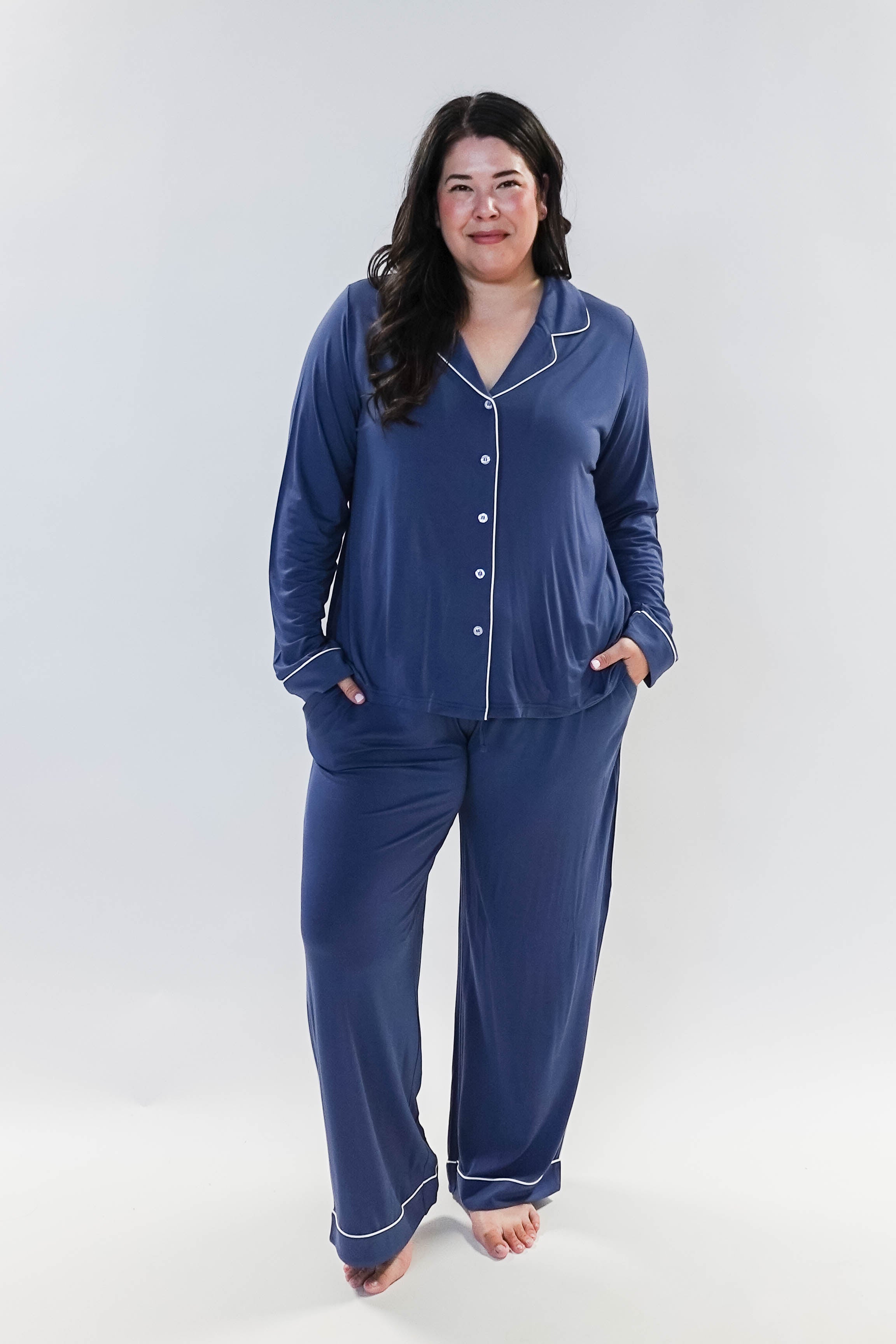women's denim blue bamboo button up collared pajama set with straight leg and pockets - Georgia Rylan