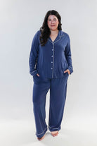 women's denim blue bamboo button up collared pajama set with straight leg and pockets - Georgia Rylan
