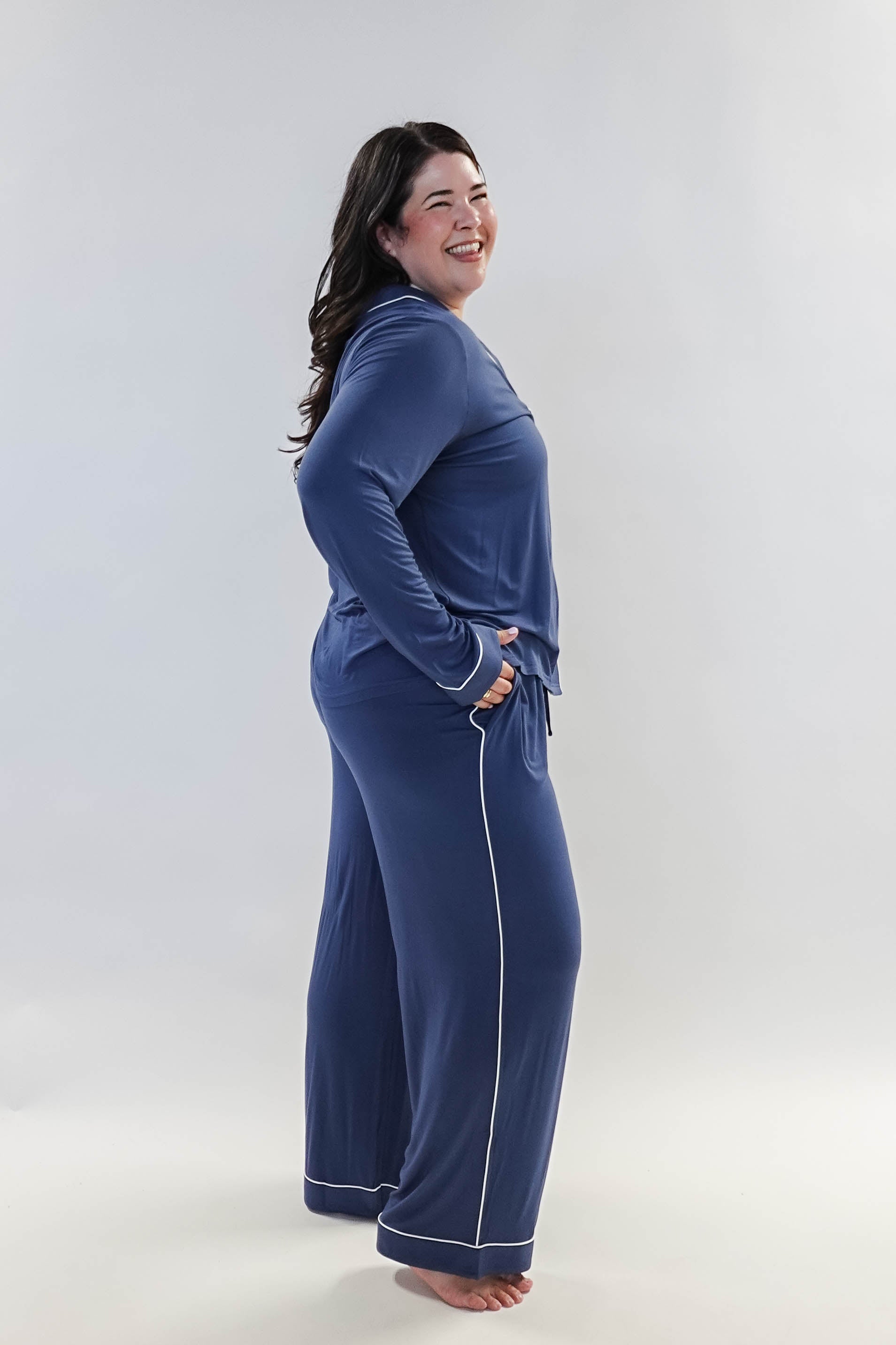 women's denim blue bamboo button up collared pajama set with straight leg and pockets - Georgia Rylan