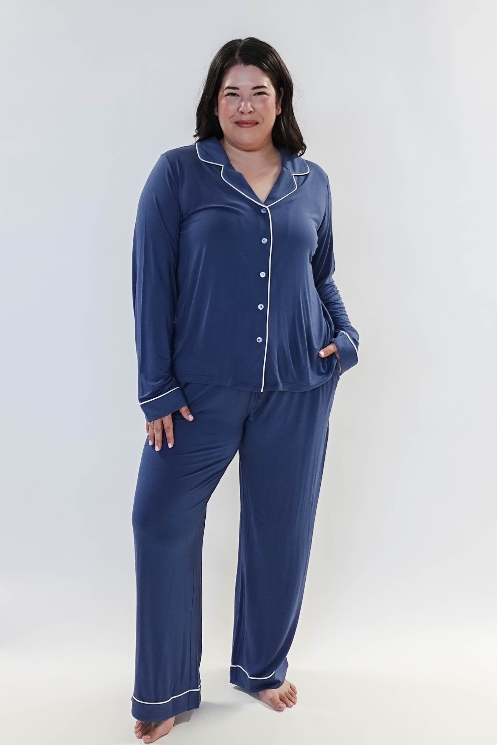 Denim Blue Long Sleeve Button Up Bamboo PJ Set by Georgia Rylan