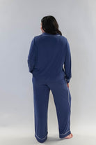 Denim Blue Long Sleeve Button Up Bamboo PJ Set by Georgia Rylan - model shows the back of the pyjama set