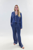 women's denim blue bamboo button up collared pajama set with straight leg and pockets - Georgia Rylan