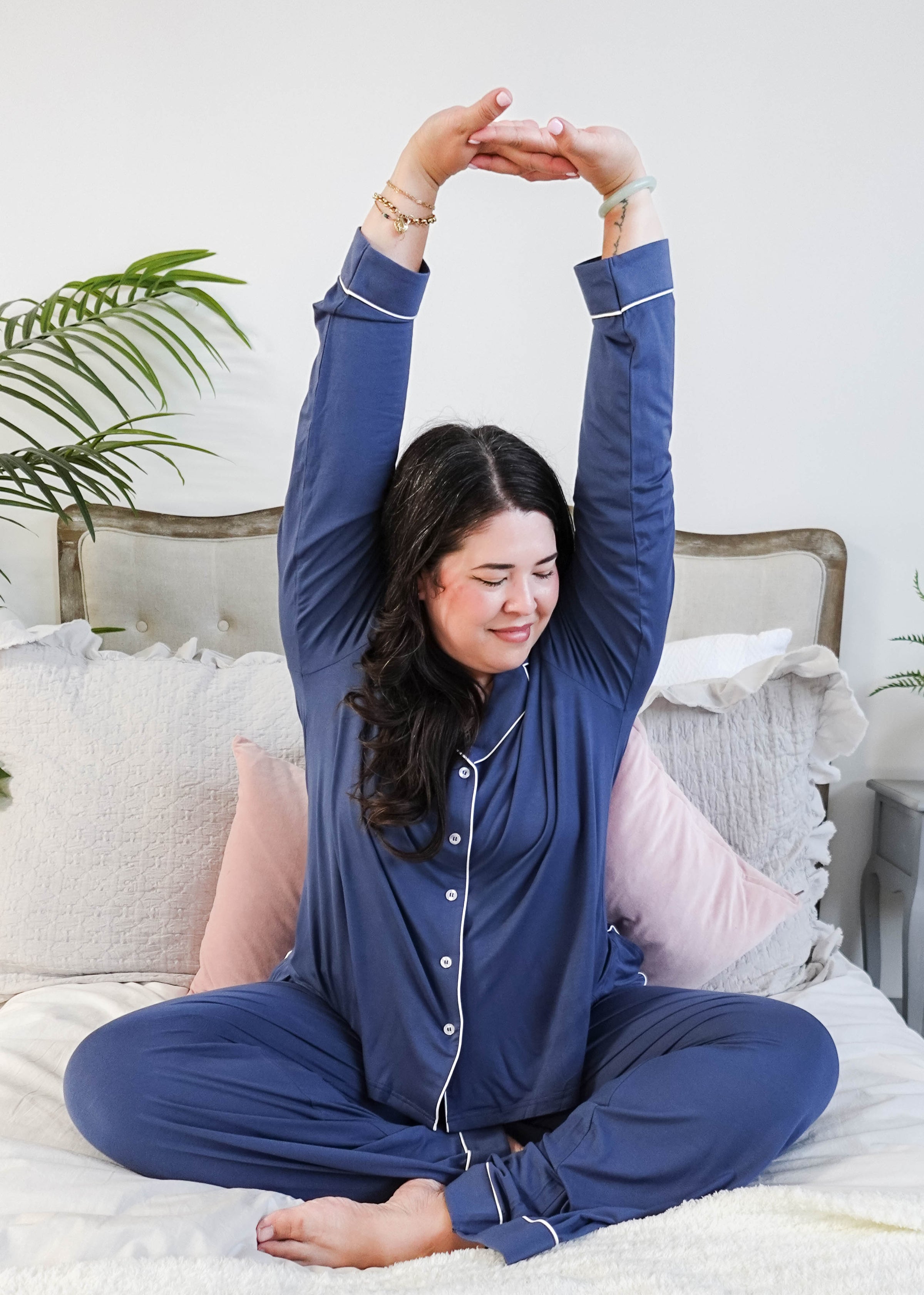 women's denim blue bamboo button up collared pajama set with straight leg and pockets - Georgia Rylan