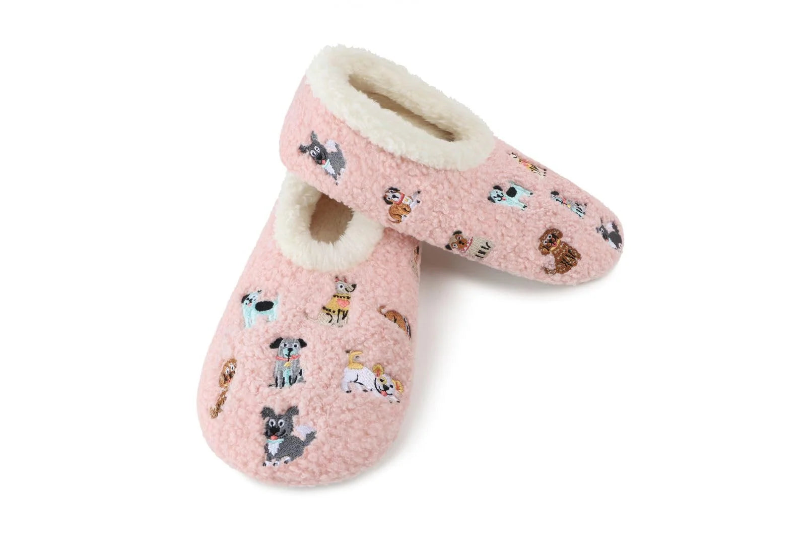 Snoozies Mini Embroidery Slipper Socks Mini Dogs Pink embroidered dog motifs side view — Cloud Nine Pajamas Edmonton