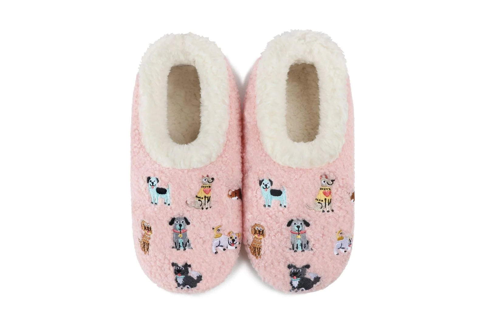 Snoozies Mini Embroidery Slipper Socks Mini Dogs Pink embroidered dog motifs front view — Cloud Nine Pajamas Edmonton