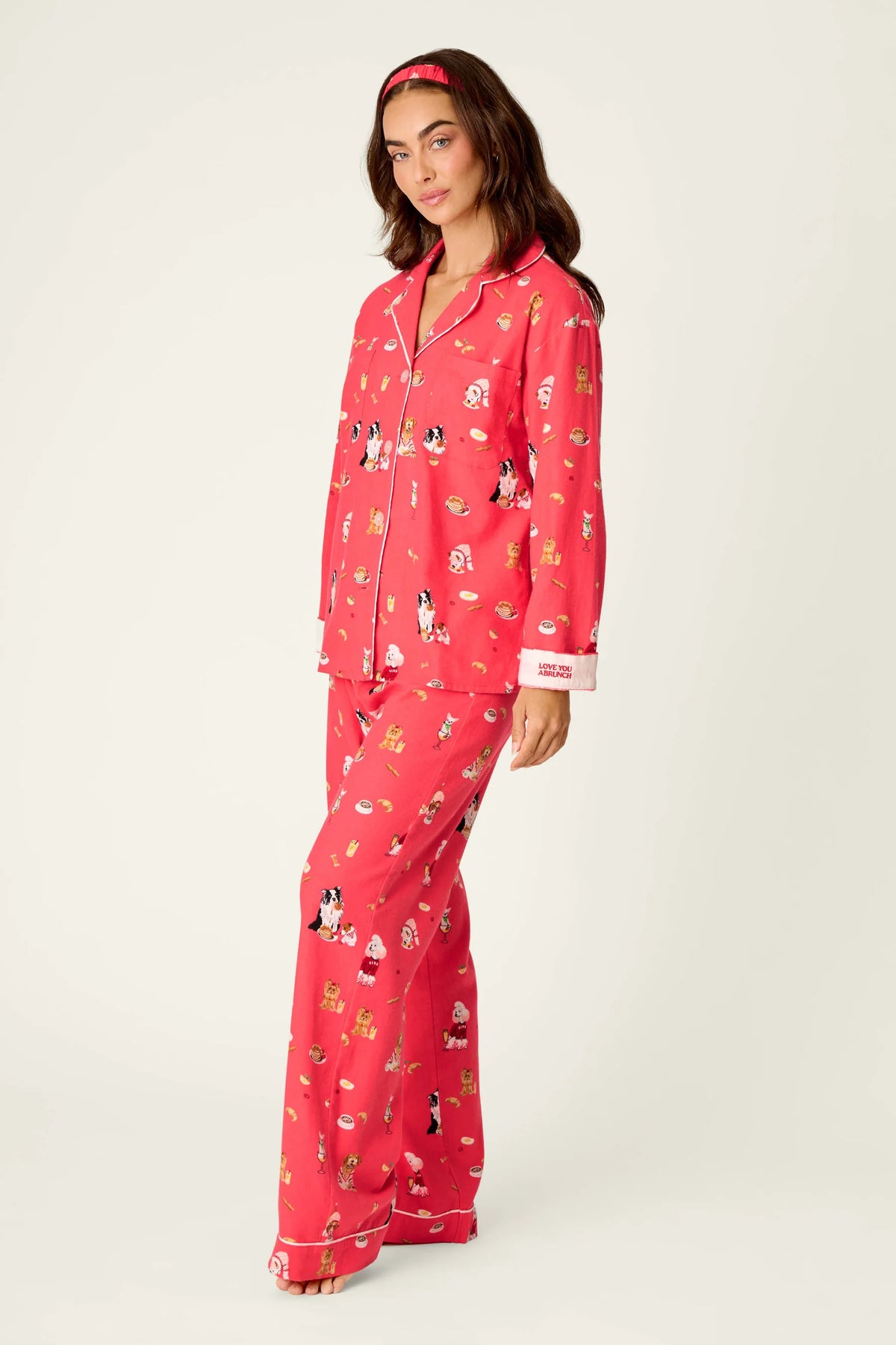 PJ Salvage Dogs Who Brunch Flannel Set model full length — Cloud Nine Pajamas Edmonton