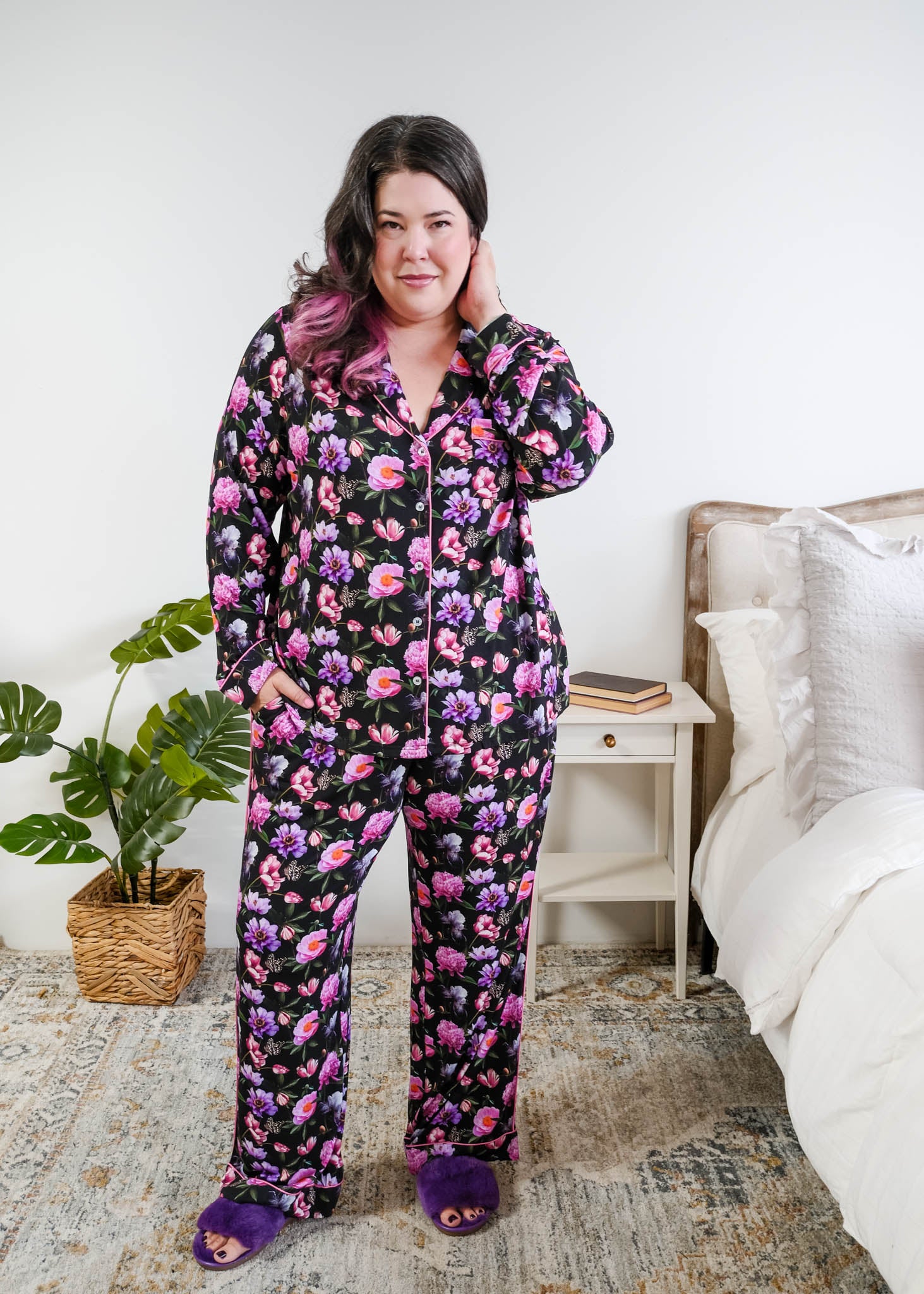 Full length view Georgia Rylan women's bamboo long sleeve button-up top and straight-leg pajama pants in Dreamy Blooms black floral print - Cloud Nine Pajamas on plus size model