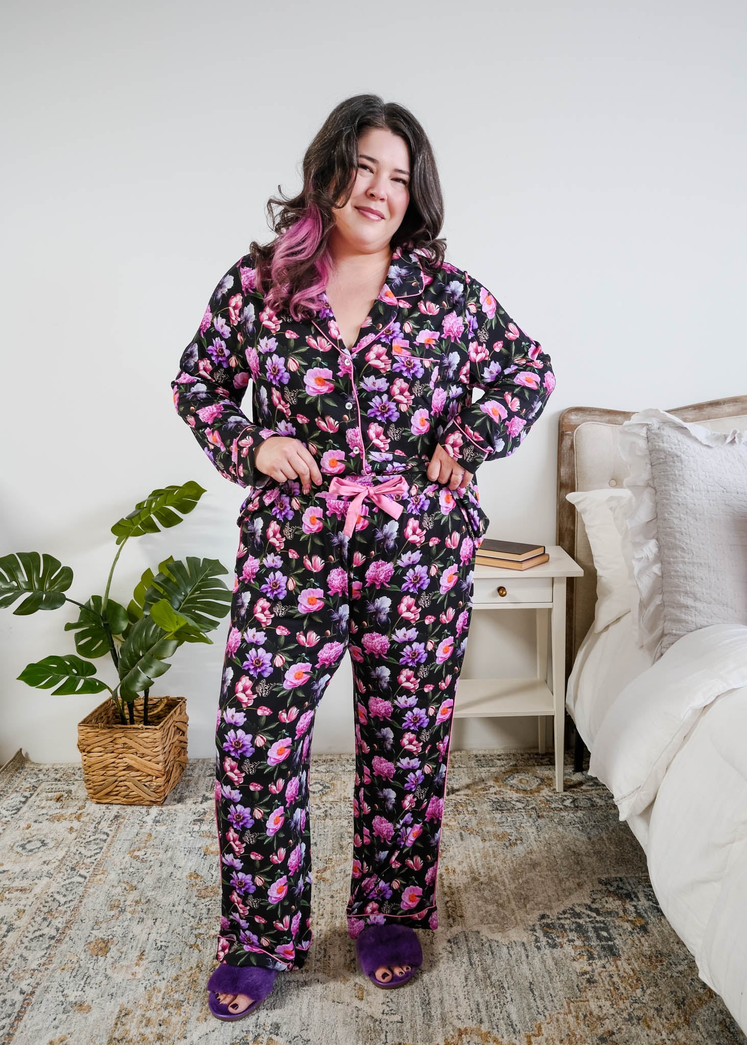 Georgia Rylan women's bamboo long sleeve button-up top and straight-leg pajama pants in Dreamy Blooms black floral print - Cloud Nine Pajamas shown tucked in to show the satin drawstring