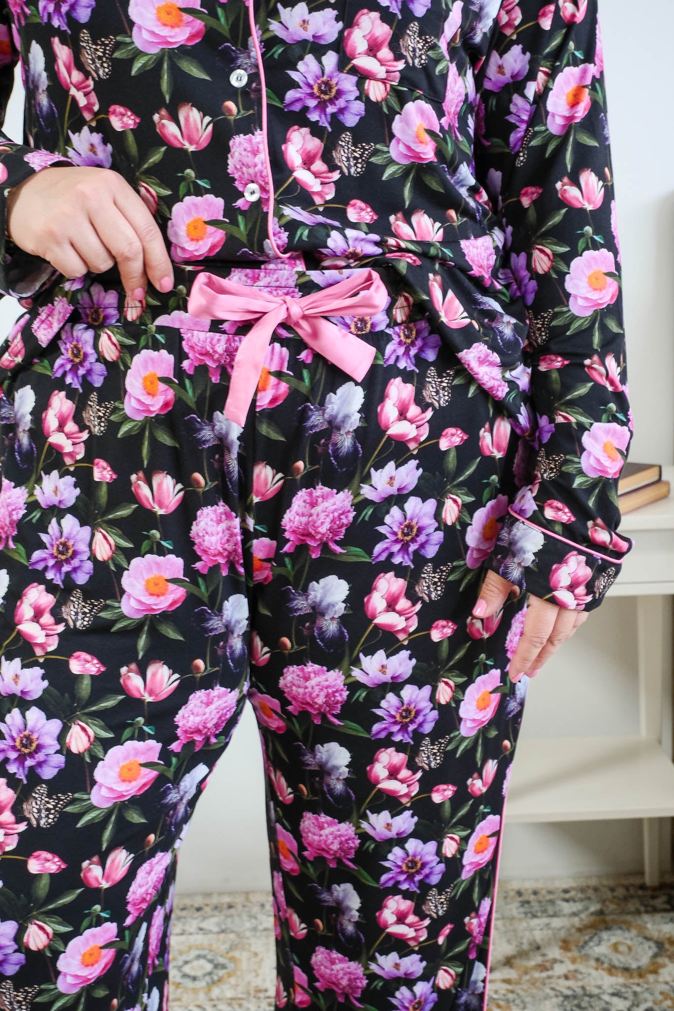 Georgia Rylan women's bamboo long sleeve button-up top and straight-leg pajama pants in Dreamy Blooms black floral print - Cloud Nine Pajamas