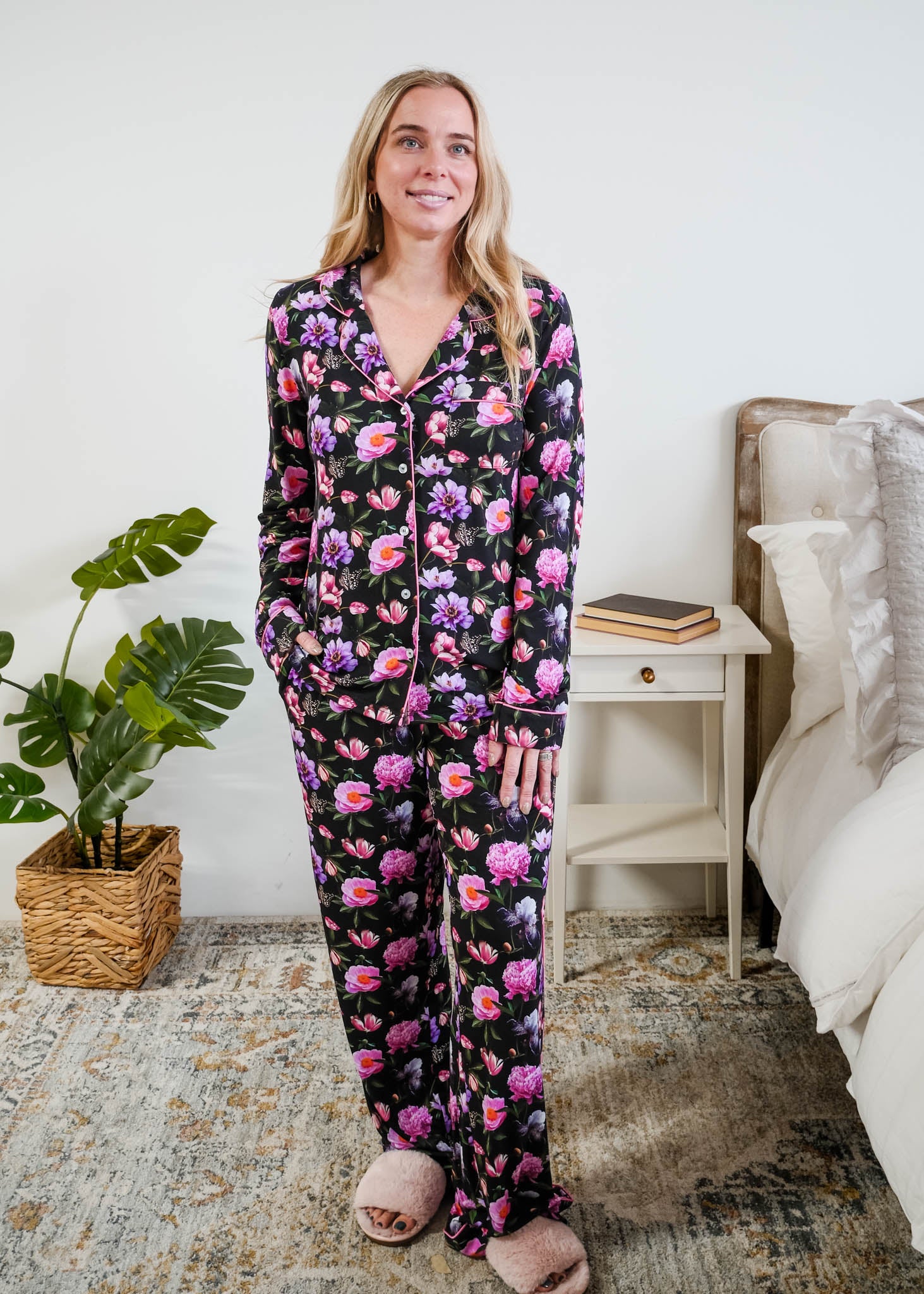 Georgia Rylan women's bamboo long sleeve button-up top and straight-leg pajama pants in Dreamy Blooms black floral print - Cloud Nine Pajamas Full length view