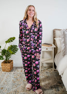 Georgia Rylan women's bamboo long sleeve button-up top and straight-leg pajama pants in Dreamy Blooms black floral print - Cloud Nine Pajamas Full length view