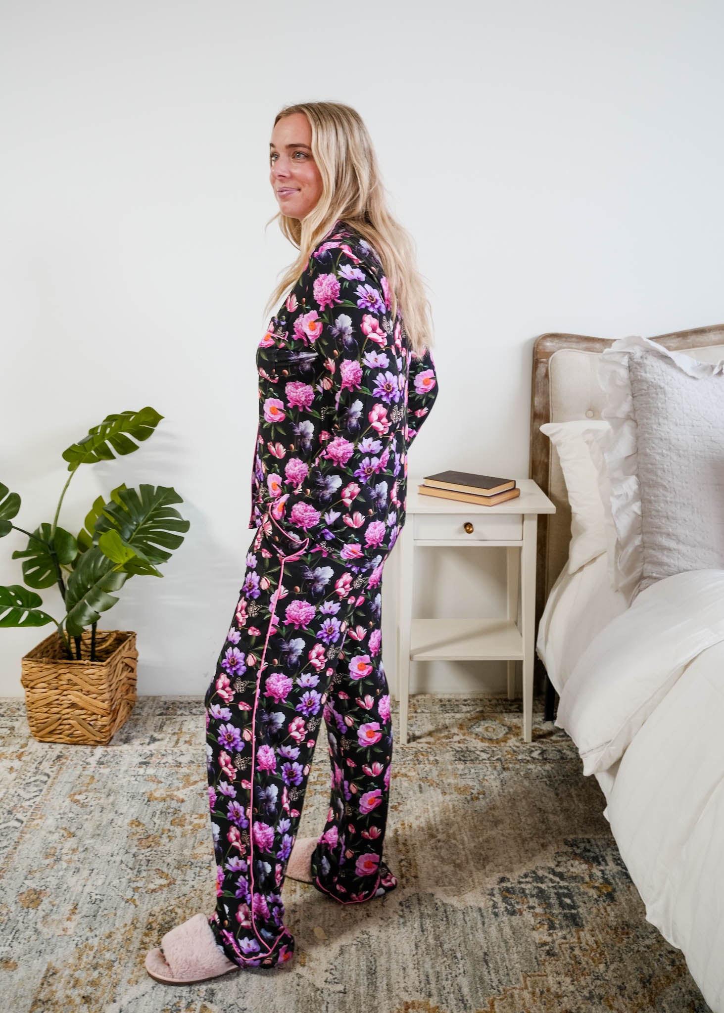 Georgia Rylan women's bamboo long sleeve button-up top and straight-leg pajama pants in Dreamy Blooms black floral print - Cloud Nine Pajamas side profile