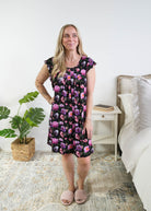 Georgia Rylan women's bamboo flutter sleeve nightgown dress in Dreamy Blooms black floral print - Cloud Nine Pajamas full length