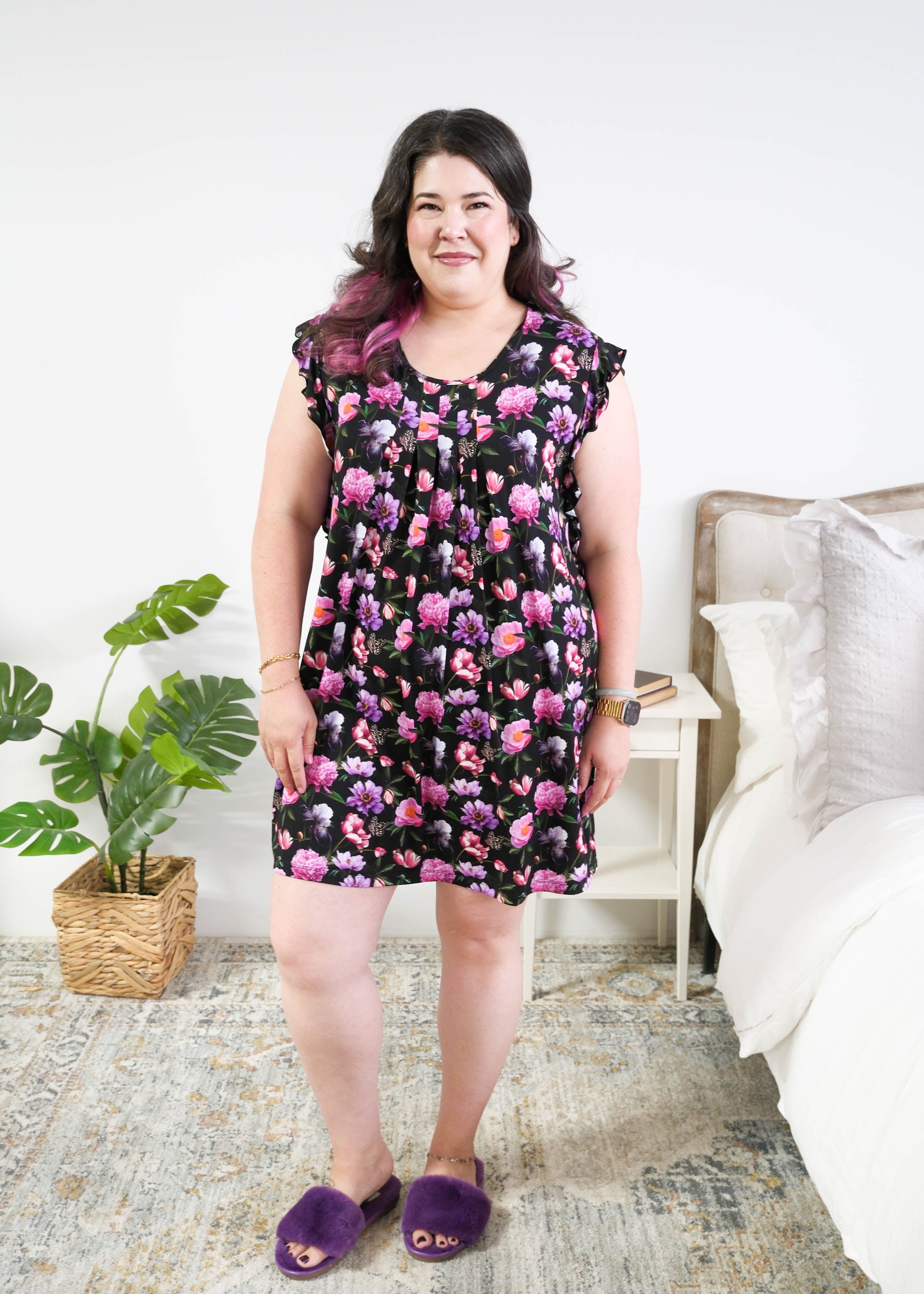 Georgia Rylan women's bamboo flutter sleeve nightgown dress in Dreamy Blooms black floral print - Cloud Nine Pajamas Full length on plus size model