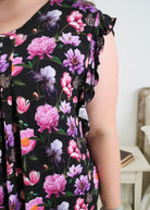 Georgia Rylan women's bamboo flutter sleeve nightgown dress in Dreamy Blooms black floral print - Cloud Nine Pajamas Close up of Flutter Sleeve