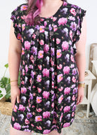 Georgia Rylan women's bamboo flutter sleeve nightgown dress in Dreamy Blooms black floral print - Cloud Nine Pajamas pleated front of the nightgown on plus size model