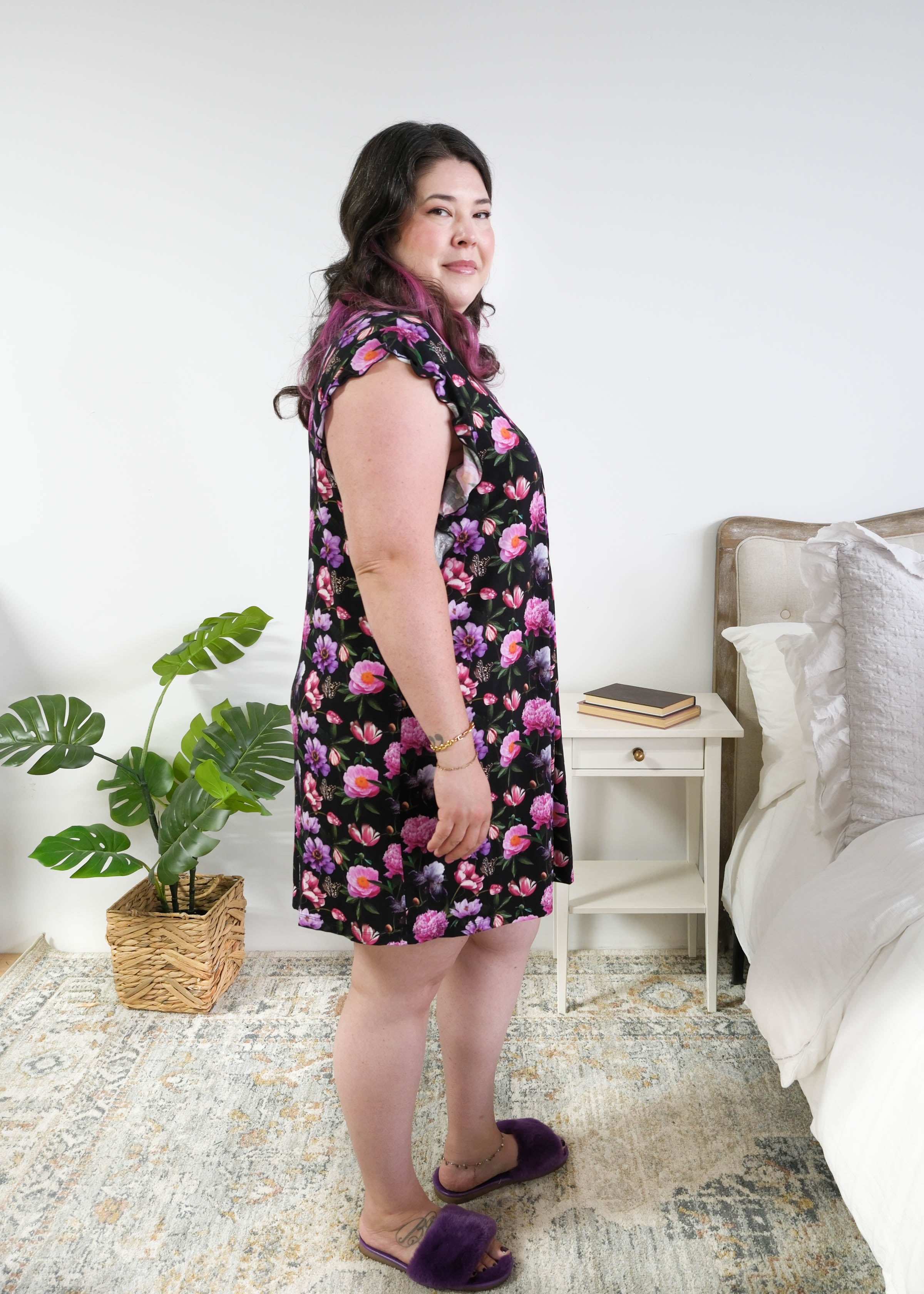 Georgia Rylan women's bamboo flutter sleeve nightgown dress in Dreamy Blooms black floral print - Cloud Nine Pajamas side profile on plus size model