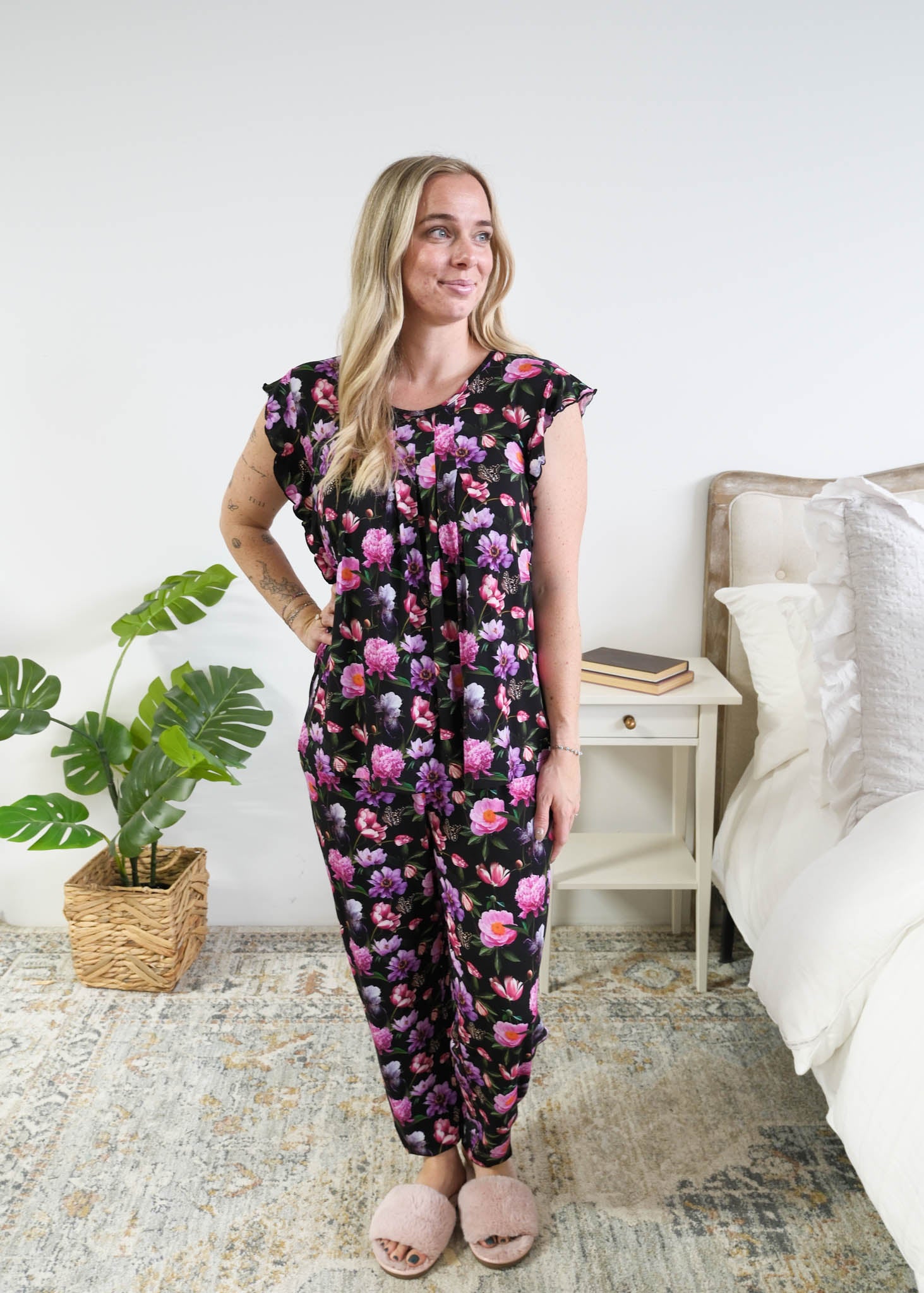 Georgia Rylan women's bamboo flutter sleeve top and soft jogger pajama pants set in Dreamy Blooms black floral print full length on model - Cloud Nine Pajamas