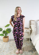 Georgia Rylan women's bamboo flutter sleeve top and soft jogger pajama pants set in Dreamy Blooms black floral print full length on model - Cloud Nine Pajamas