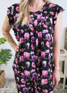 Georgia Rylan women's bamboo flutter sleeve top and soft jogger pajama pants set in Dreamy Blooms black floral print close up of print and pleated front detail