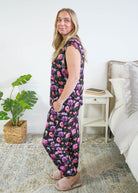 Georgia Rylan women's bamboo flutter sleeve top and soft jogger pajama pants set in Dreamy Blooms black floral print side profile on model