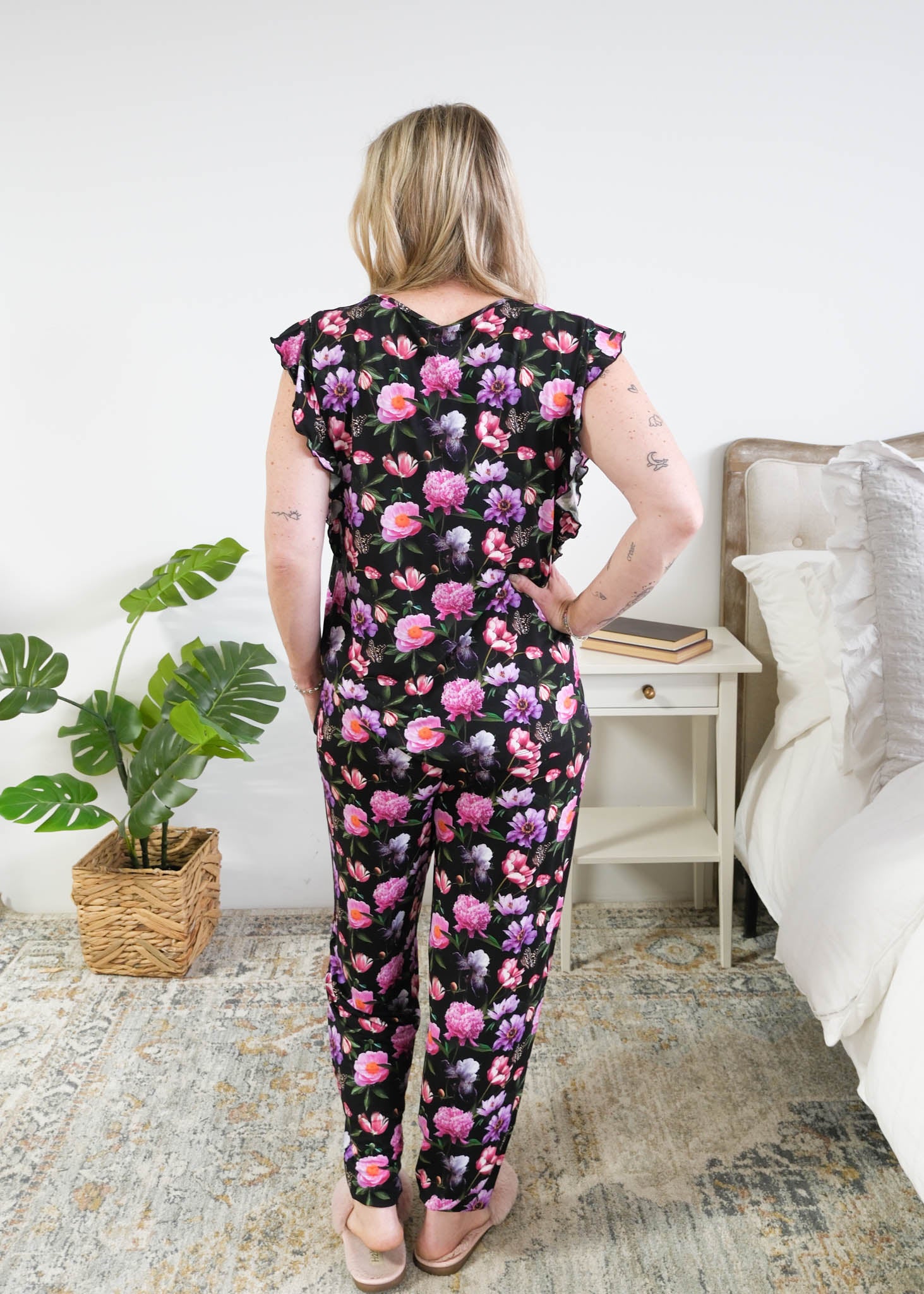 Georgia Rylan women's bamboo flutter sleeve top and soft jogger pajama pants set in Dreamy Blooms black floral print Cloud Nine Pajamas - Back View, Full length