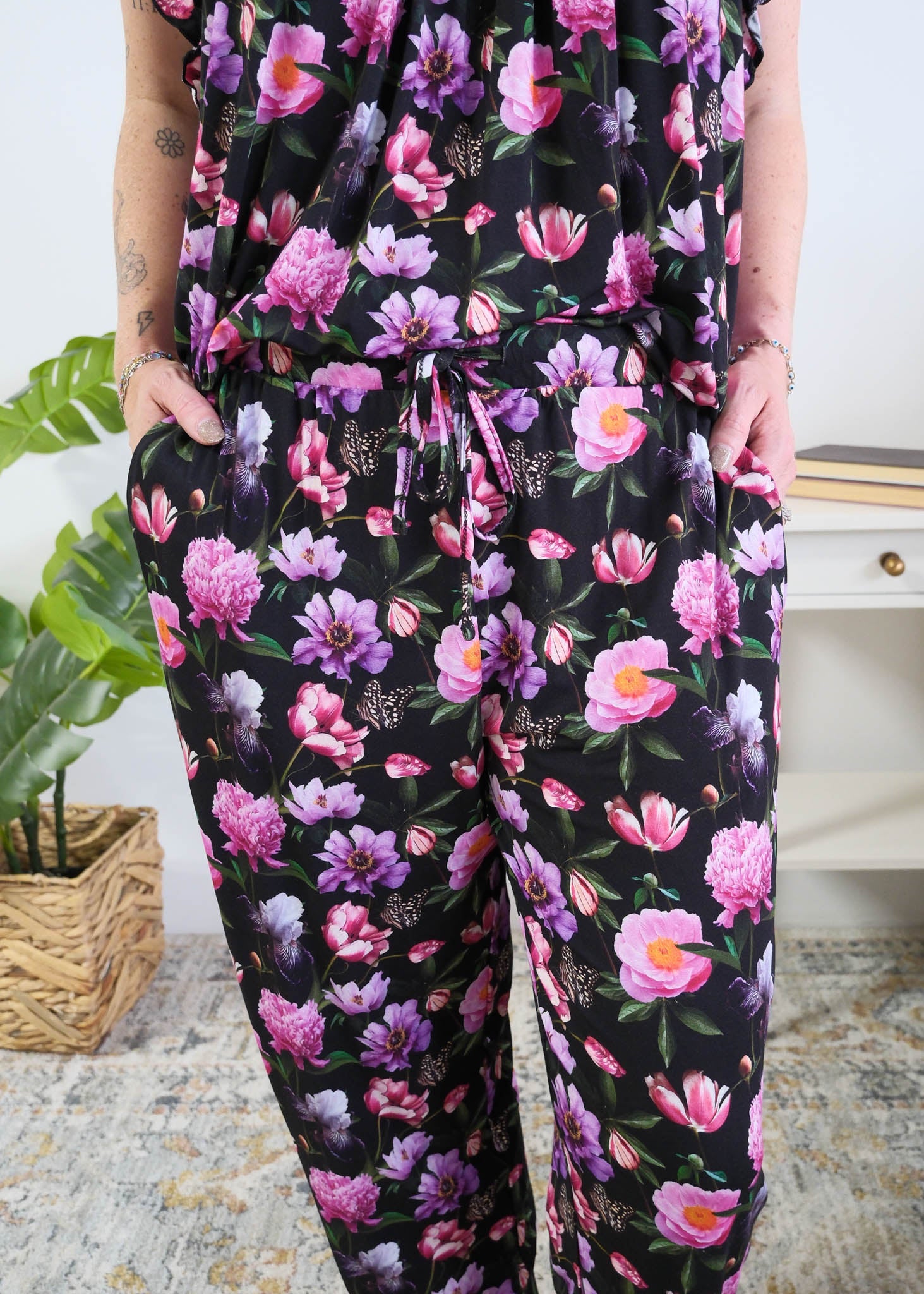Georgia Rylan women's bamboo flutter sleeve top and soft jogger pajama pants set in Dreamy Blooms black floral print showing drawstring pant
