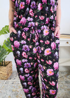 Georgia Rylan women's bamboo flutter sleeve top and soft jogger pajama pants set in Dreamy Blooms black floral print showing drawstring pant