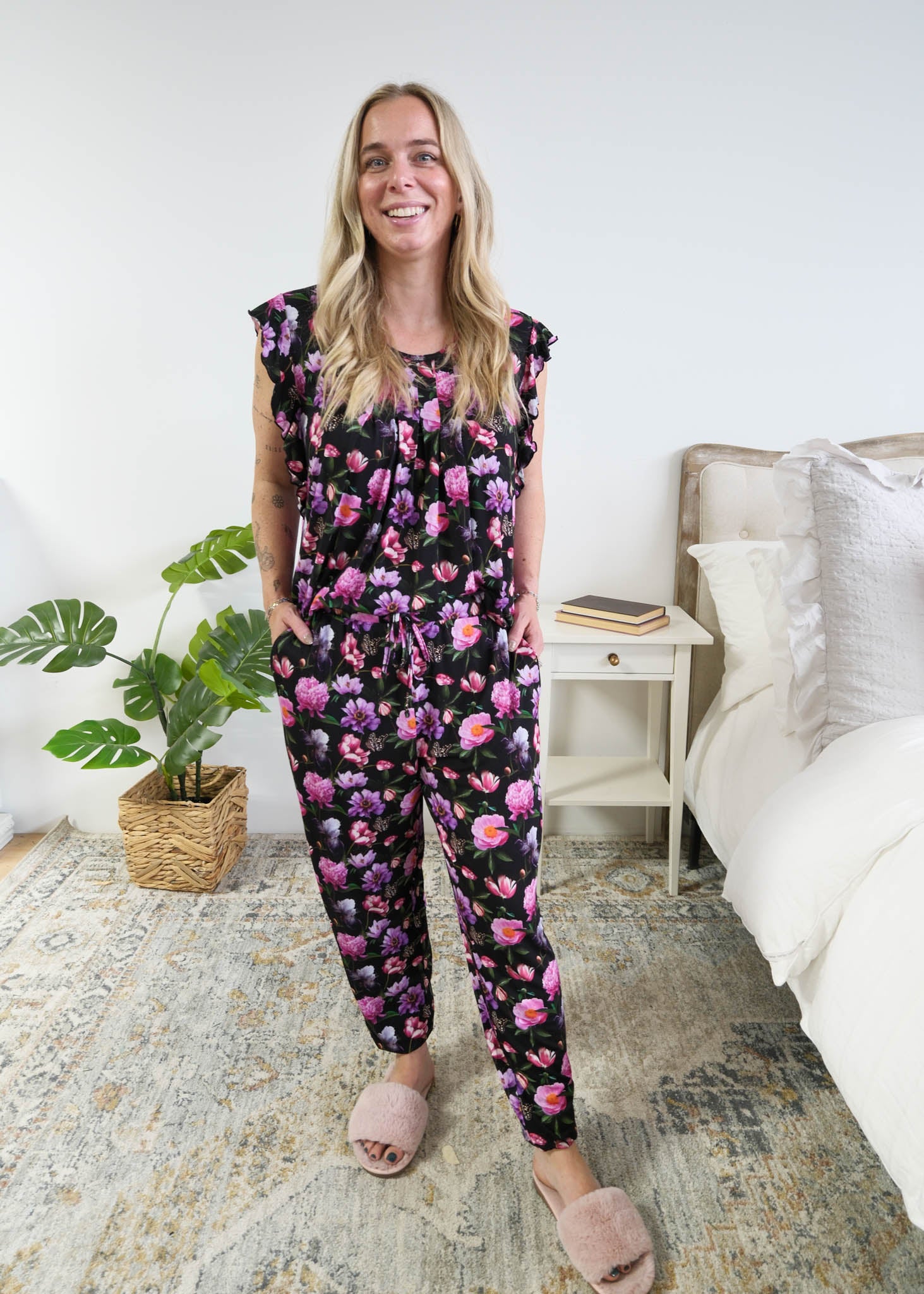 Georgia Rylan women's bamboo flutter sleeve top and soft jogger pajama pants set in Dreamy Blooms black floral print with top tucked into pant