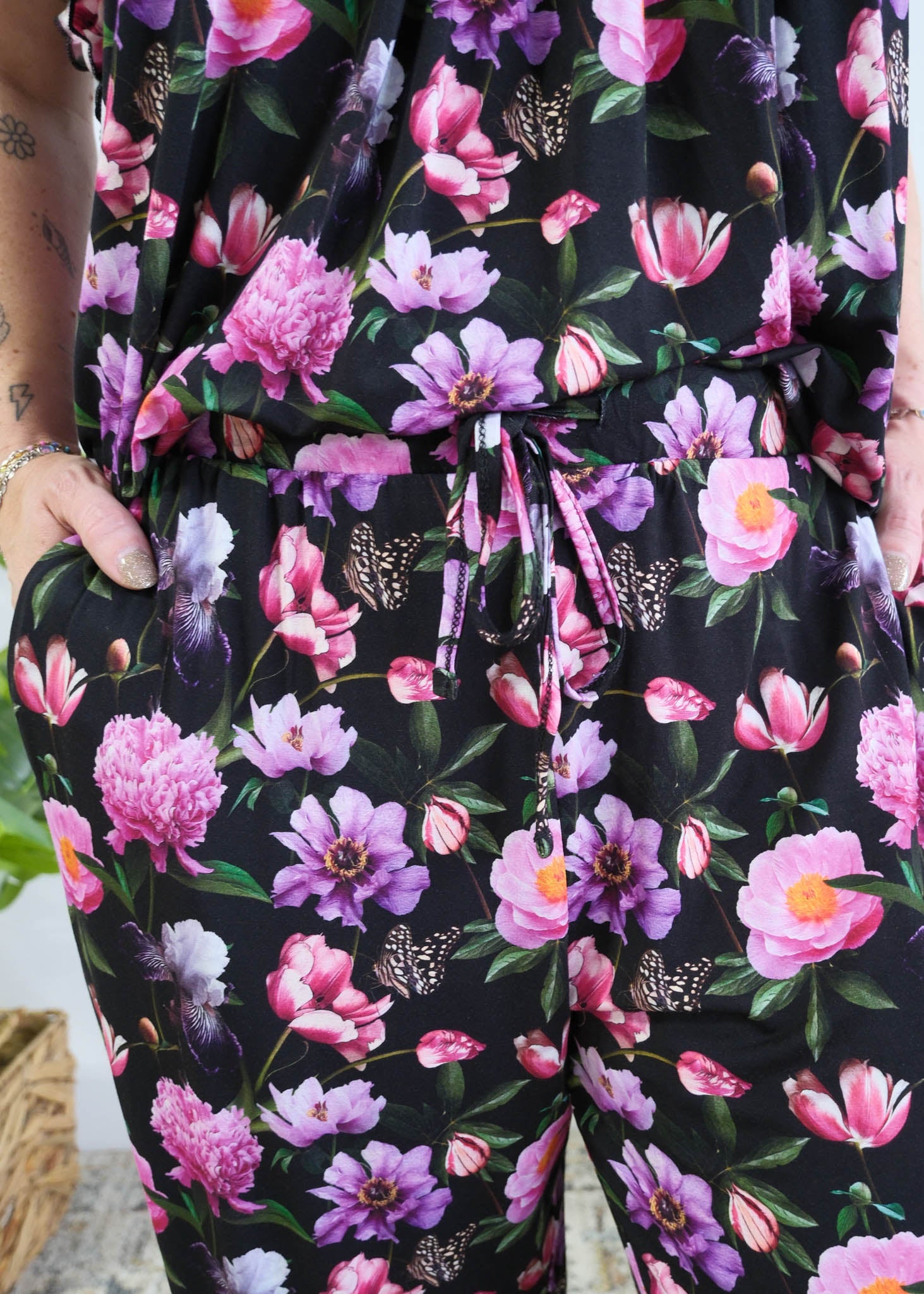 Georgia Rylan women's bamboo flutter sleeve top and soft jogger pajama pants set in Dreamy Blooms black floral print showing close up of print, pockets and drawstring