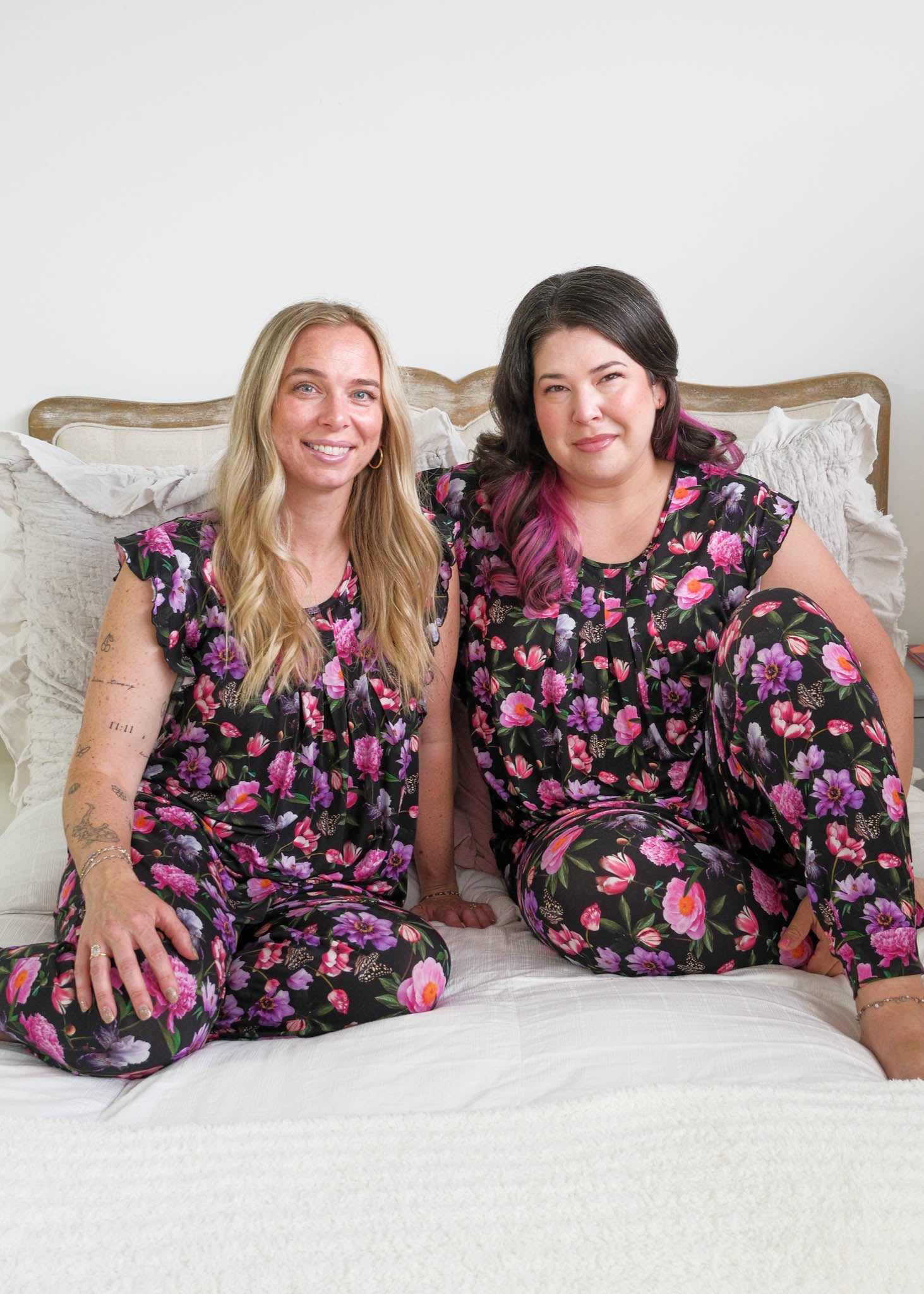 Georgia Rylan women's bamboo flutter sleeve top and soft jogger pajama pants set in Dreamy Blooms black floral print - Cloud Nine Pajamas Lifestyle shot