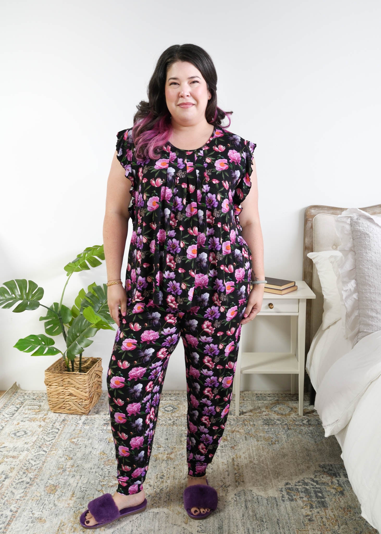 Georgia Rylan women's bamboo flutter sleeve top and soft jogger pajama pants set in Dreamy Blooms black floral print - Cloud Nine Pajamas