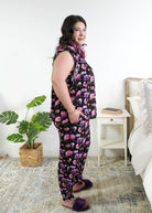 Georgia Rylan women's bamboo flutter sleeve top and soft jogger pajama pants set in Dreamy Blooms black floral print - Cloud Nine Pajamas side profile on plus size model
