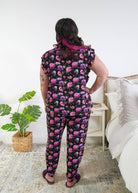 Georgia Rylan women's bamboo flutter sleeve top and soft jogger pajama pants set in Dreamy Blooms black floral print - Cloud Nine Pajamas back view on plus size model