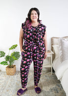Georgia Rylan women's bamboo flutter sleeve top and soft jogger pajama pants set in Dreamy Blooms black floral print - Cloud Nine Pajamas shown tucked in on plus size model