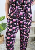 Georgia Rylan women's bamboo flutter sleeve top and soft jogger pajama pants set in Dreamy Blooms black floral print - Cloud Nine Pajamas close up of the print on plus size model