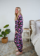 Georgia Rylan women's long sleeve crewneck top and jogger pajama pants set in Dreamy Blooms black floral bamboo Cloud Nine Pajamas Side profile view