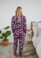 Georgia Rylan women's long sleeve crewneck top and jogger pajama pants set in Dreamy Blooms black floral bamboo Cloud Nine Pajamas back view on model size small
