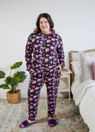 Georgia Rylan women's long sleeve crewneck top and jogger pajama pants set in Dreamy Blooms black floral bamboo Cloud Nine Pajamas on Plus Size Model Full Length