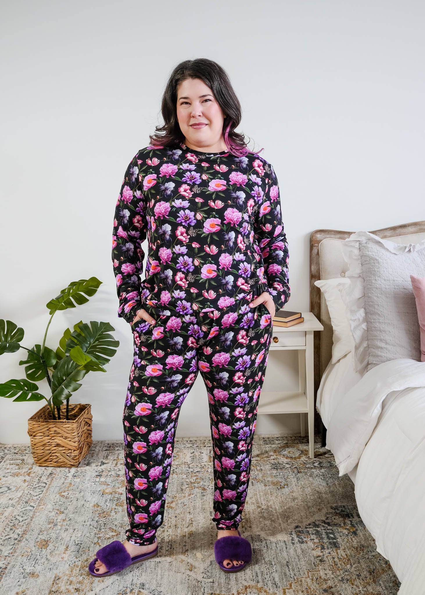 Georgia Rylan women's long sleeve crewneck top and jogger pajama pants set in Dreamy Blooms black floral bamboo Cloud Nine Pajamas on Plus Size Model Full Length
