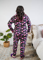 Georgia Rylan women's long sleeve crewneck top and jogger pajama pants set in Dreamy Blooms black floral bamboo Cloud Nine Pajamas back view on plus size model 