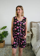 Georgia Rylan women's bamboo tank top and matching pajama shorts set in Dreamy Blooms black floral print - Cloud Nine Pajama shown tucked in on model
