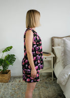 Georgia Rylan women's bamboo tank top and matching pajama shorts set in Dreamy Blooms black floral print - Cloud Nine Pajamas side profile shown on model