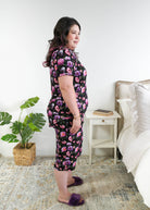 Georgia Rylan women's bamboo rolled-sleeve t-shirt and capri pajama pants in Dreamy Blooms black floral print - Cloud Nine Pajamas Side profile, plus size model