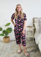 Georgia Rylan women's bamboo rolled-sleeve t-shirt and capri pajama pants in Dreamy Blooms black floral print - Cloud Nine Pajamas full length view on model 