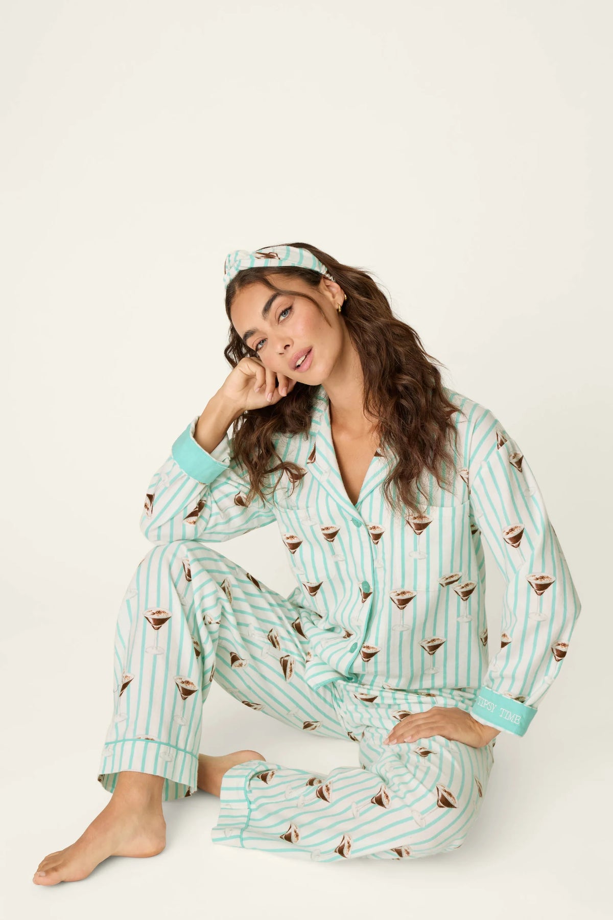 PJ Salvage Tipsy Time Espresso Martini 3-Piece Flannel PJ Set Pool Blue front view on model — Cloud Nine Pajamas Edmonton