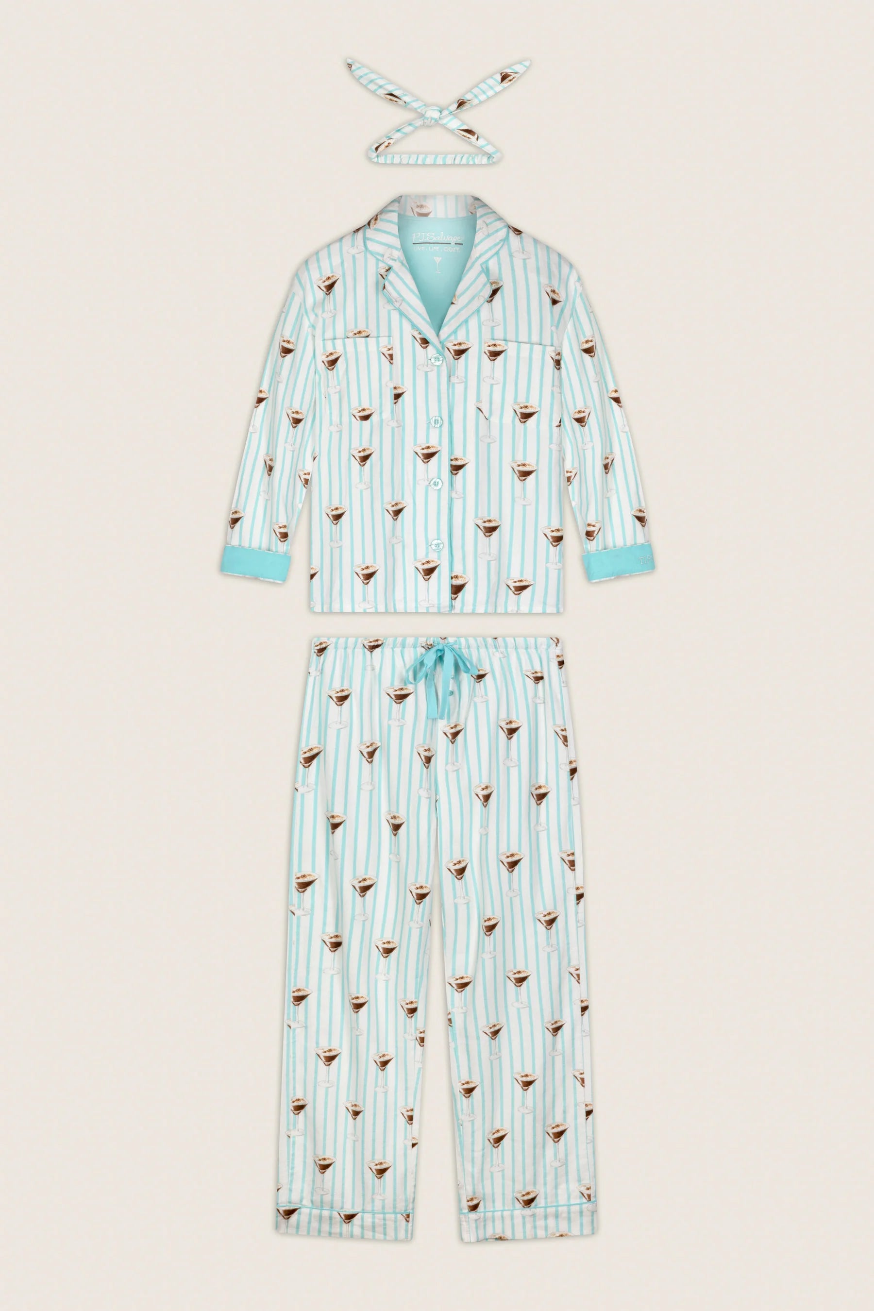PJ Salvage Tipsy Time Flannel PJ Set full set layout with hair wrap — Cloud Nine Pajamas Edmonton