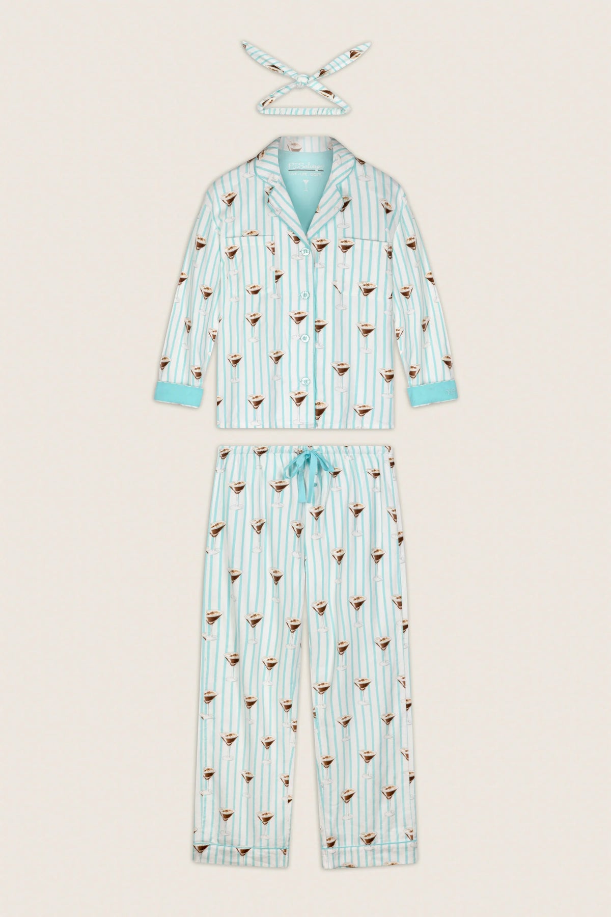 PJ Salvage Tipsy Time Flannel PJ Set full set layout with hair wrap — Cloud Nine Pajamas Edmonton