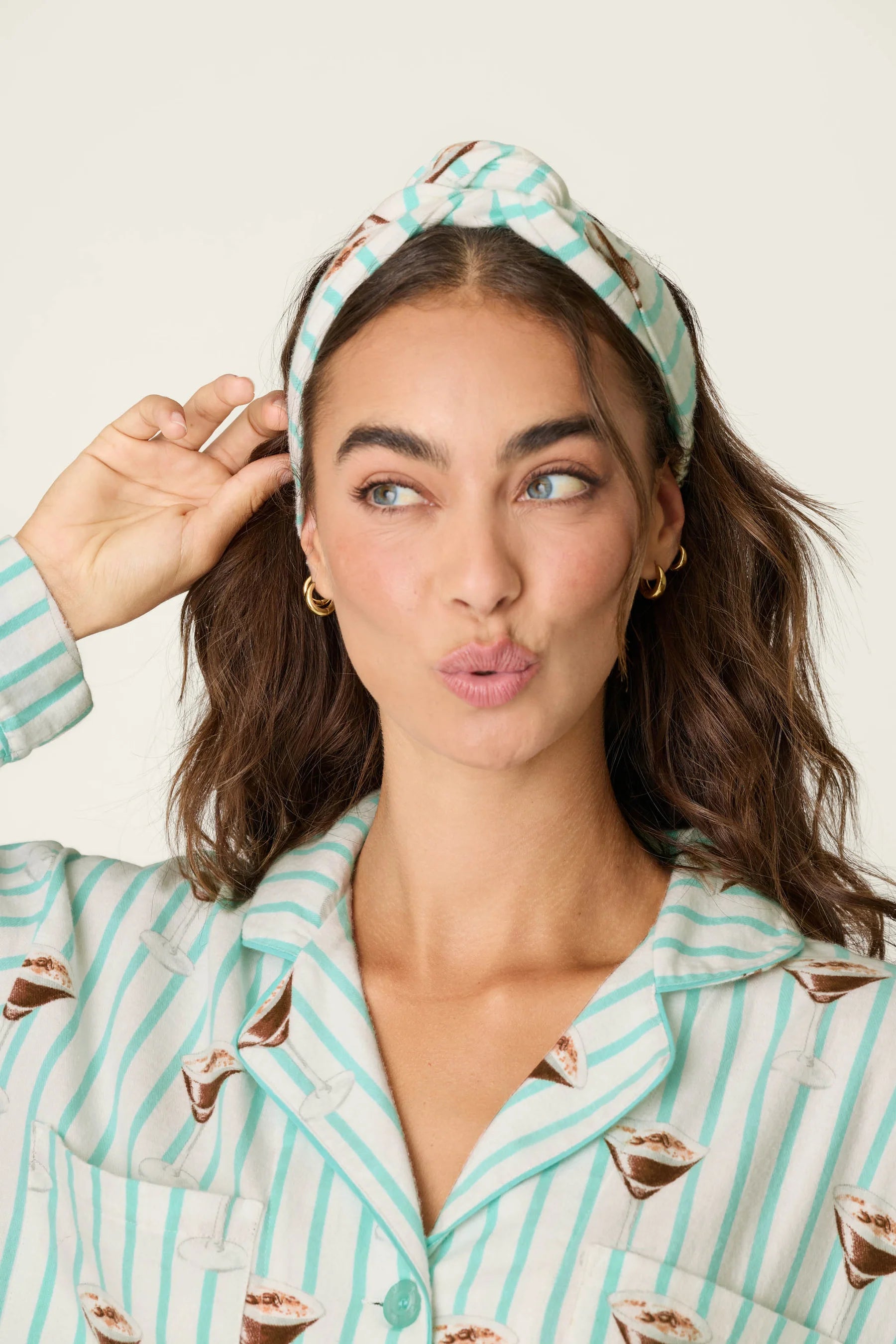 PJ Salvage Tipsy Time espresso martini print aqua stripe flannel close-up — Cloud Nine Pajamas